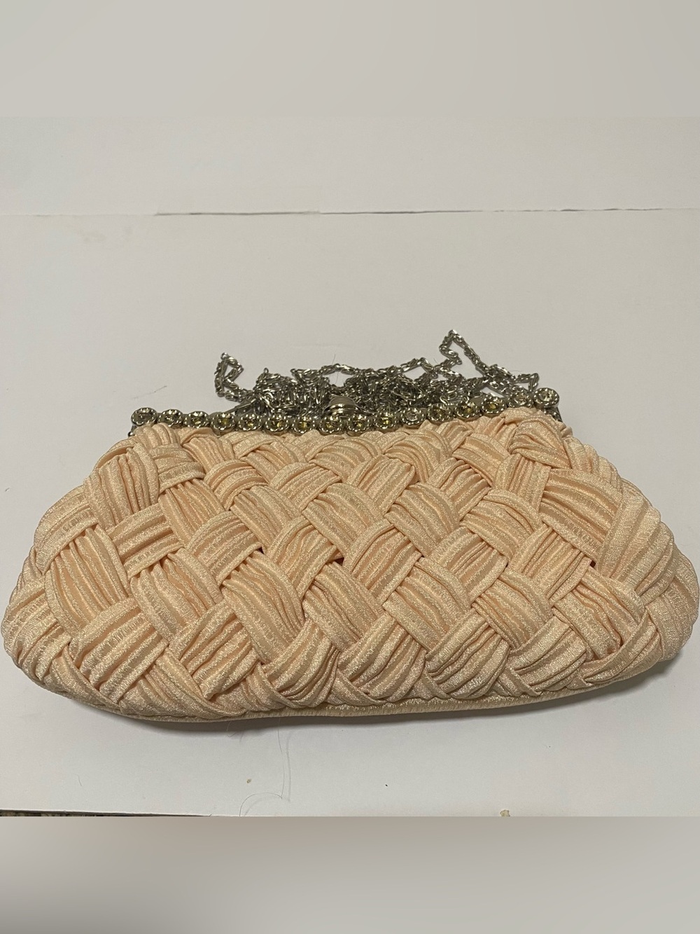 Vintage Peach Satin Woven Evening Clutch Bag Rhinestone Clasp Chain Strap